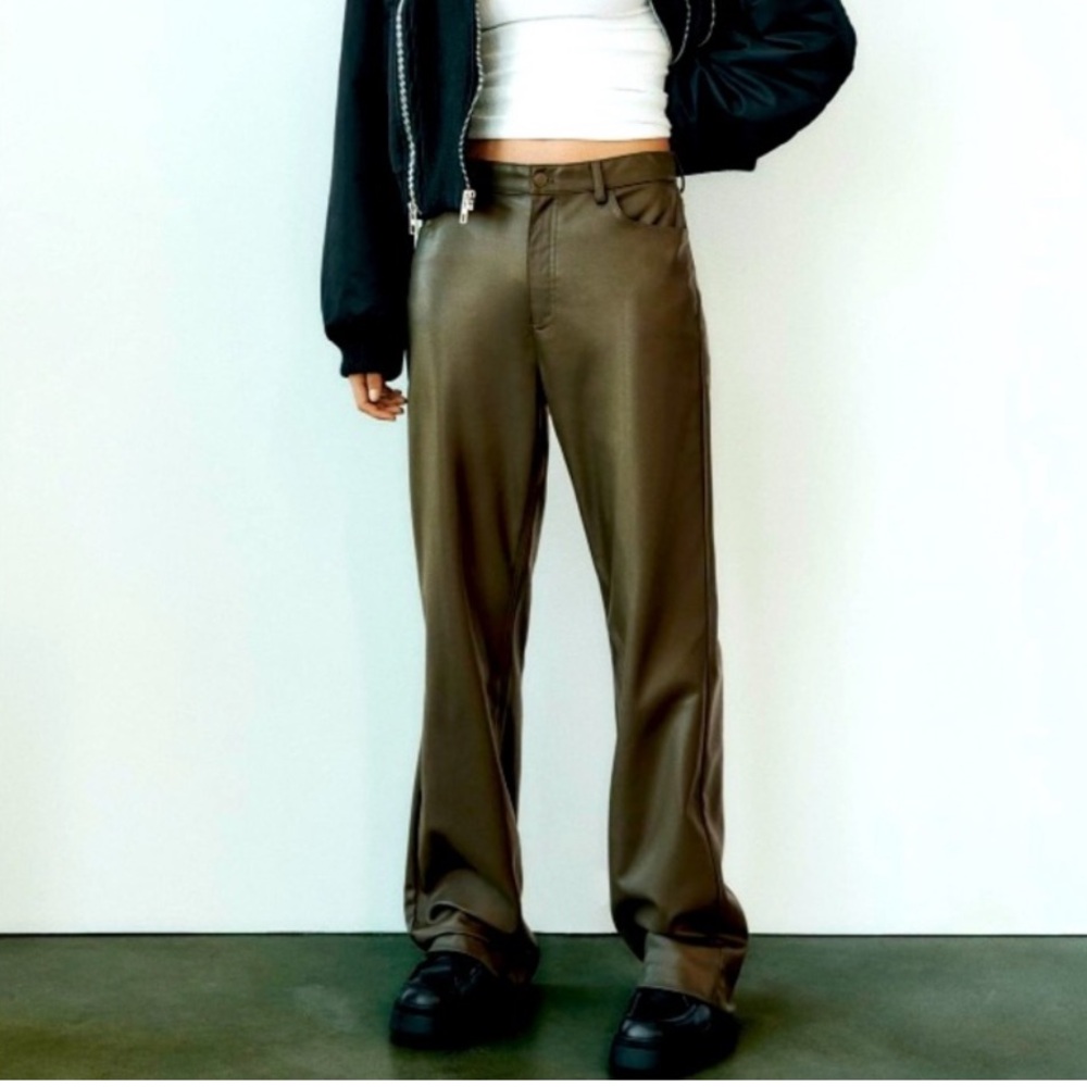 Zara Olive Faux Leather Straight Leg Pants